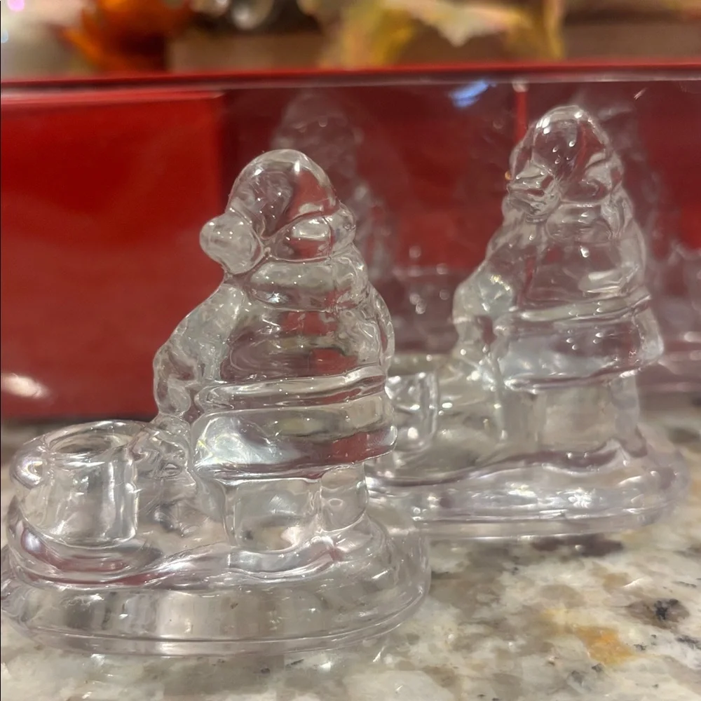 Williams Sonoma Clear Glass Santa Tiny Taper Candle Holders